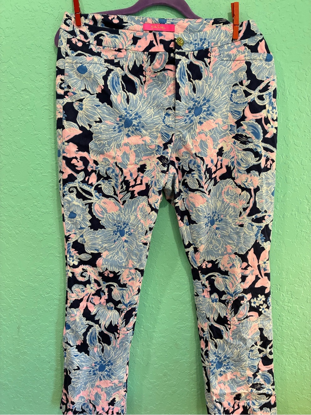 Women’s Lilly Pulitzer Floral Print Pants in Navy, Pink & Light Blue 14 preppy